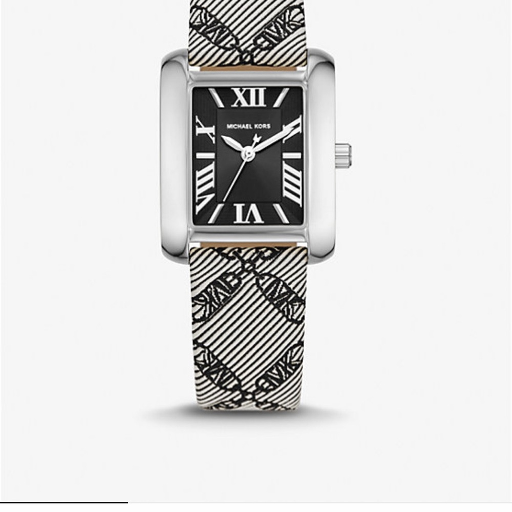 Michael Kors Silver Tone and Empire Logo Jacquard Women’s Watch New with box